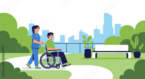 Nurse pushing patient in wheelchair through park with cityscape background