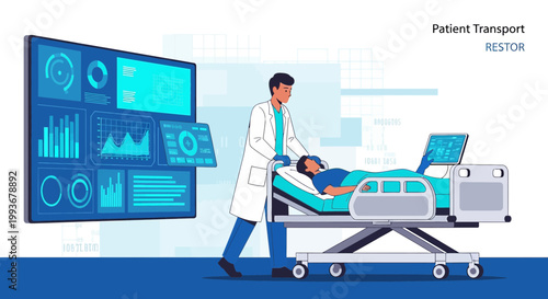 Doctor Transporting Patient on Gurney Past Futuristic Medical Data Screens