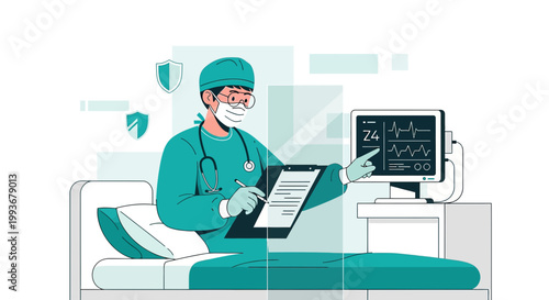 Doctor with Stethoscope Checks Patient Chart Next to Medical Monitor in Hospital Room