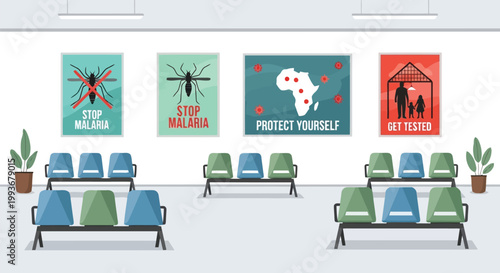 Medical clinic waiting room with malaria awareness posters on wall isolated on white background