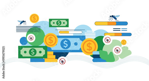 Malaria prevention concept with money and mosquito symbols vector graphic isolated on white background