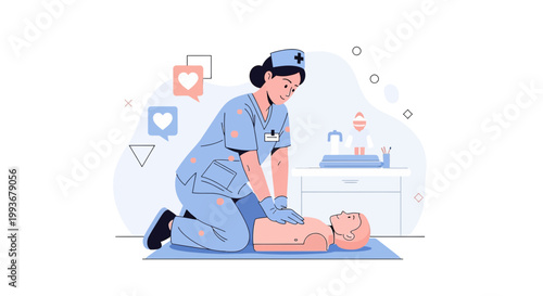 Nurse Practicing CPR on Manikin for Emergency Medical Training