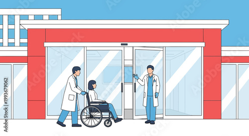 Doctors Assist Patient in Wheelchair Entering Hospital Entrance
