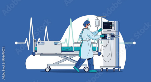 Doctor with Ventilator and Hospital Bed, Medical Care, Healthcare