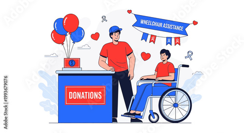 Donation box for wheelchair assistance, volunteer helping disabled person, charity event