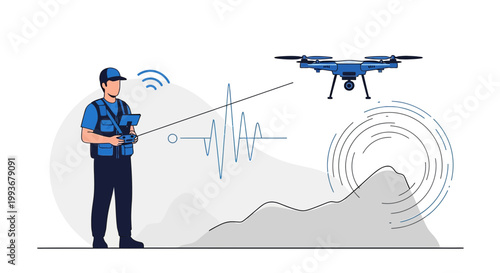 Drone Operator Controlling Aircraft with Remote, Signal Waves, and Mountain Landscape
