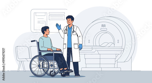 Doctor Consults Patient in Wheelchair Near MRI Machine in Medical Clinic