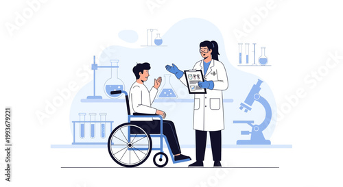 Doctor Consults Patient in Wheelchair in Modern Science Lab