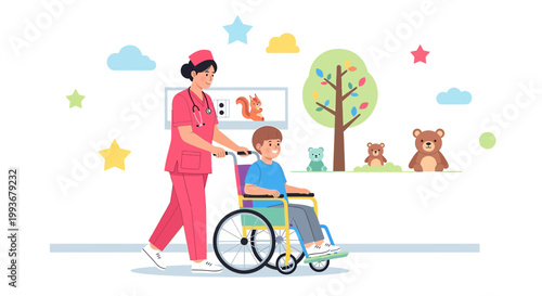 Nurse Pushing Child in Wheelchair Through Hospital Corridor with Cartoon Animals