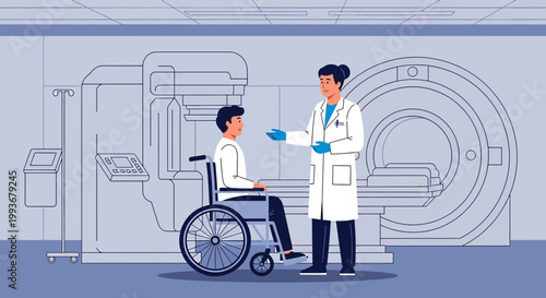Doctor Consults Patient in Wheelchair Near MRI Scanner in Medical Facility