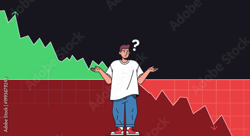 Confused man standing in front of falling stock market chart showing financial loss