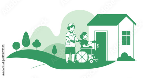 Nurse pushing patient in wheelchair towards house, home care, medical assistance