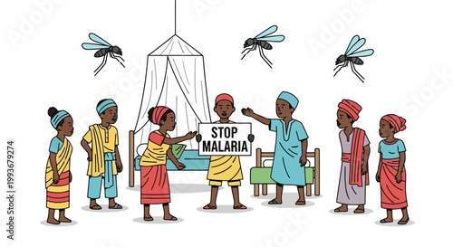 Group of African villagers promoting public health awareness against malaria with mosquito netting isolated on white background