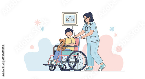 Nurse Pushing Child in Wheelchair with Teddy Bear, Hospital Care and Recovery