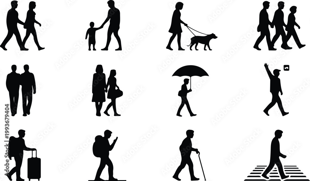 Fototapeta premium Walking Silhouette Icon Collection Set