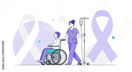 Nurse Pushing Patient in Wheelchair with IV Drip, Cancer Awareness Ribbons
