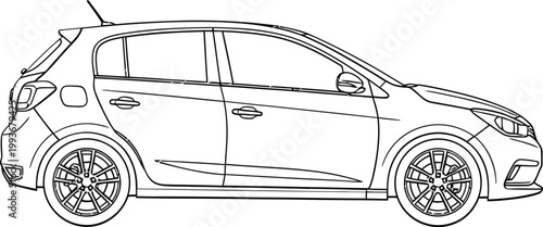 Detailed line drawing of a modern hatchback car, showcasing its aerodynamic design and contemporary features