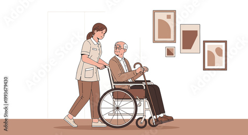 Nurse pushing elderly man in wheelchair, home care, medical assistance, rehabilitation, support