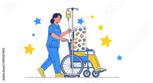Nurse Pushing Patient in Wheelchair with IV Drip, Stars Background