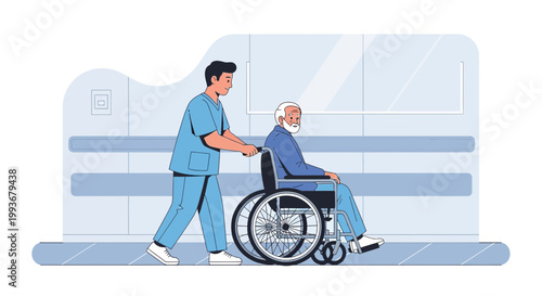 Nurse Pushing Elderly Man in Wheelchair, Healthcare Assistance, Senior Care, Hospital Corridor