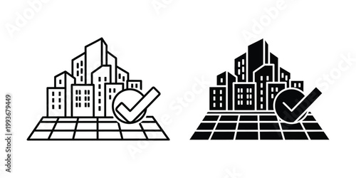 Comparison of urban planning and real estate approval icons with checkmarks