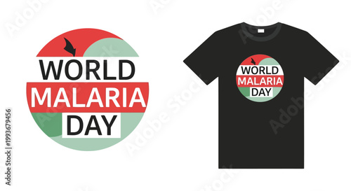 World Malaria Day awareness logo printed on a black t-shirt and circular icon design isolated on white background