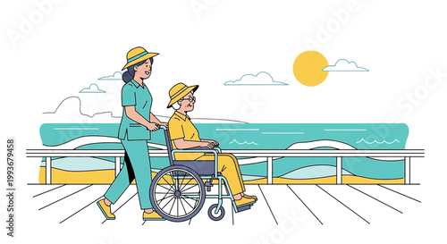 Nurse Pushing Elderly Patient in Wheelchair Along Beach Boardwalk Under Sunny Sky
