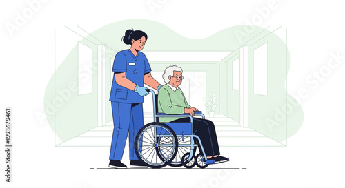 Nurse pushing elderly patient in wheelchair down hospital corridor, healthcare assistance concept