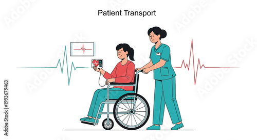 Nurse Pushing Patient in Wheelchair with Medical Monitor and Heartbeat Line