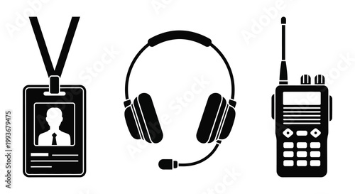 A black silhouette depiction of an identification badge headphones and walkie talkie arranged horizontally silhouette high quality professional detailed modern elegant