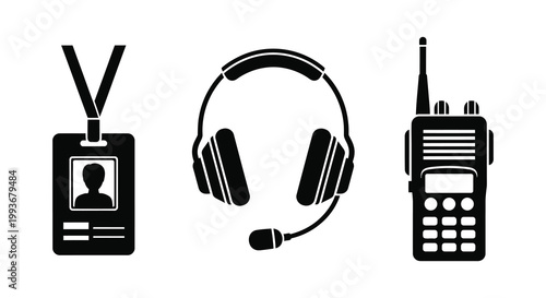 A collection of communication devices including an id badge headset and walkie talkie presented as a silhouette high quality professional detailed modern
