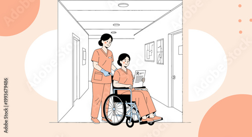 Nurse pushing patient in wheelchair down hospital corridor, caregiver helping with mobility