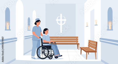 Nurse pushing patient in wheelchair down hospital corridor with cross symbol