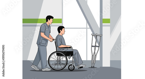 Nurse pushing patient in wheelchair, crutches leaning against pillar, hospital hallway