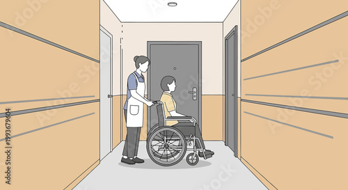 Nurse Pushing Elderly Woman in Wheelchair Down Hallway Towards Door