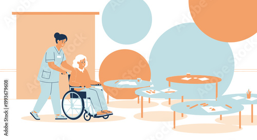 Nurse pushing elderly woman in wheelchair at senior care facility, activity room