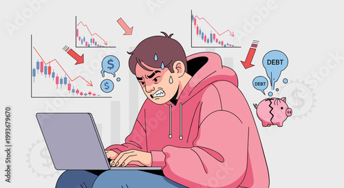 Stressed trader working on laptop with stock market crash and financial loss concept
