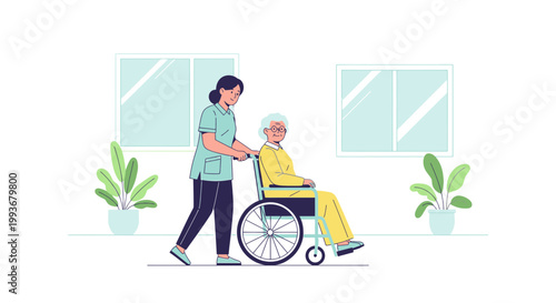 Nurse pushing elderly woman in wheelchair, healthcare, assistance, care, retirement home, medical support