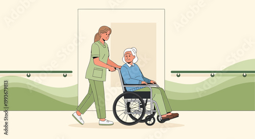 Nurse pushing elderly woman in wheelchair, healthcare, assisted living, caregiving, medical support