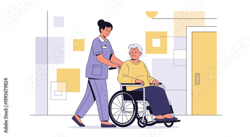 Nurse pushing elderly woman in wheelchair, healthcare, medical assistance, senior care, hospital interior