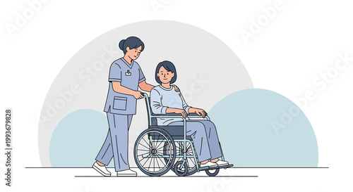 Nurse pushing elderly woman in wheelchair, healthcare, medical assistance, support, care