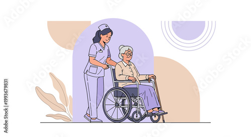 Nurse pushing elderly woman in wheelchair, healthcare, support, care, medical assistance