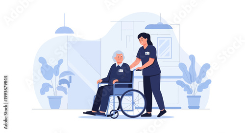 Nurse Pushing Elderly Woman in Wheelchair, Home Care Assistance, Senior Healthcare