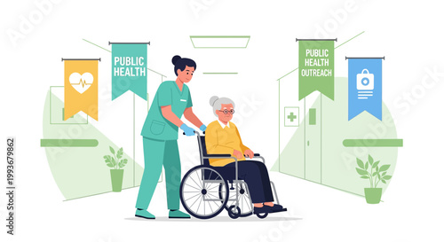 Nurse pushing elderly woman in wheelchair, public health outreach in hospital corridor