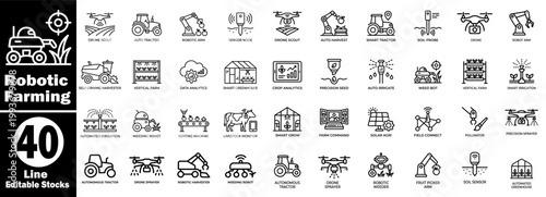 Robotic farming line icons. Featuring autonomous tractors, drone scouts, and vertical farm units for modern agricultural technology and smart plant cultivation.