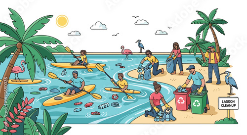 Group of volunteers cleaning plastic waste from lagoon beach in tropical environment vector art isolated on white background