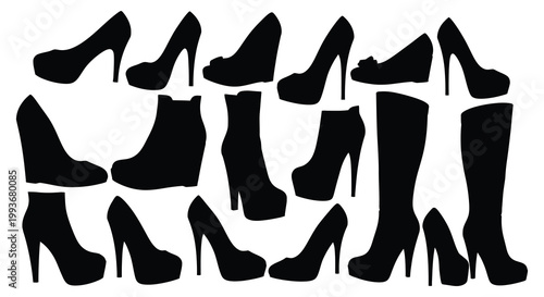 A collection of various women s footwear including heels and boots depicted in a stark black silhouette high quality professional detailed modern