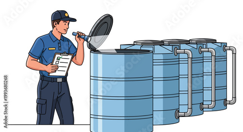 Inspector checking large water storage tanks with flashlight in industrial area isolated on white background