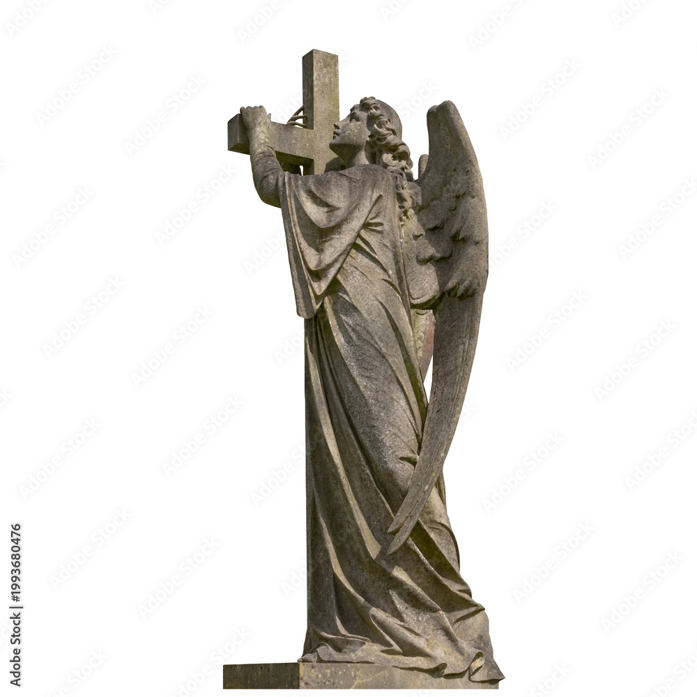 Obraz premium Angel of Death near the cross (Azrael, Azriel, Malak al-maut, concept of death). Isolated on white background
