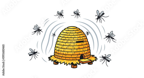 Traditional wooden beehive surrounded by flying honey bees isolated on white background